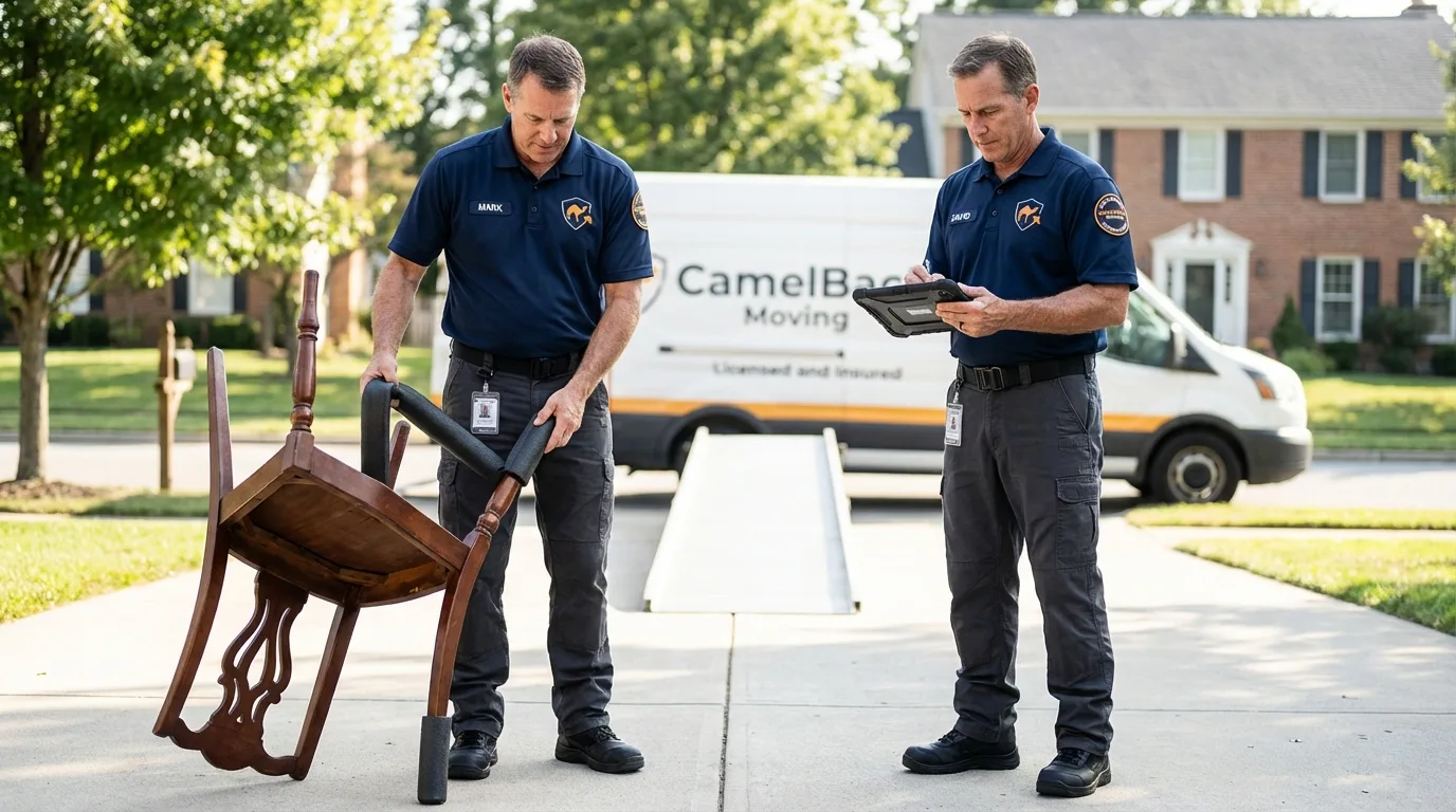 Movers inspecting furniture for damage prevention before loading in Junction City, KY